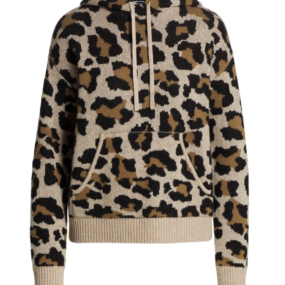 Cashmere Blend Leopard Print Hoodie Sweater by Generation Love, size Large